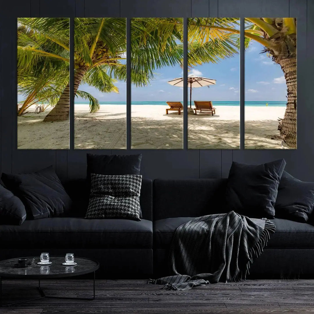 The living room features the "Lounge Chairs Palm Trees on Tropical Beach" canvas wall art print, offering museum-quality craftsmanship.