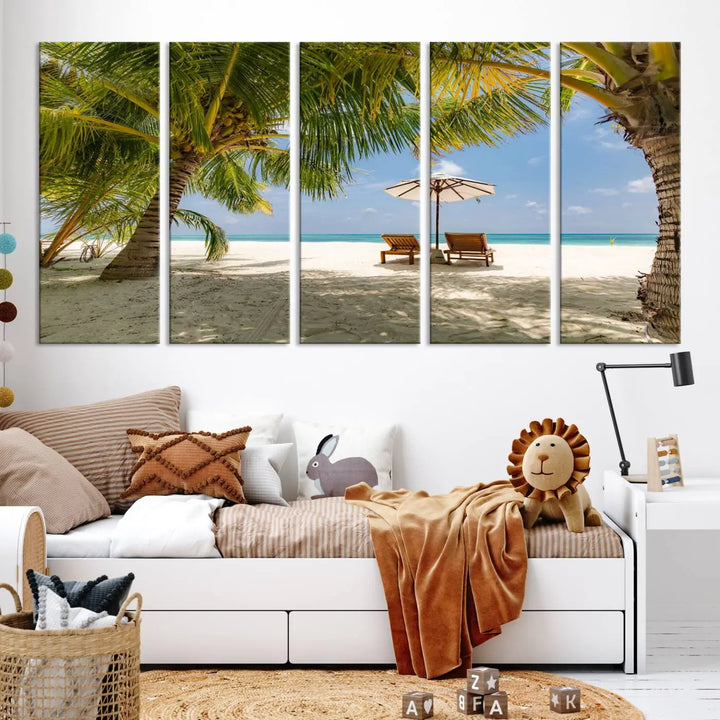 The living room features the "Lounge Chairs Palm Trees on Tropical Beach" canvas wall art print, offering museum-quality craftsmanship.