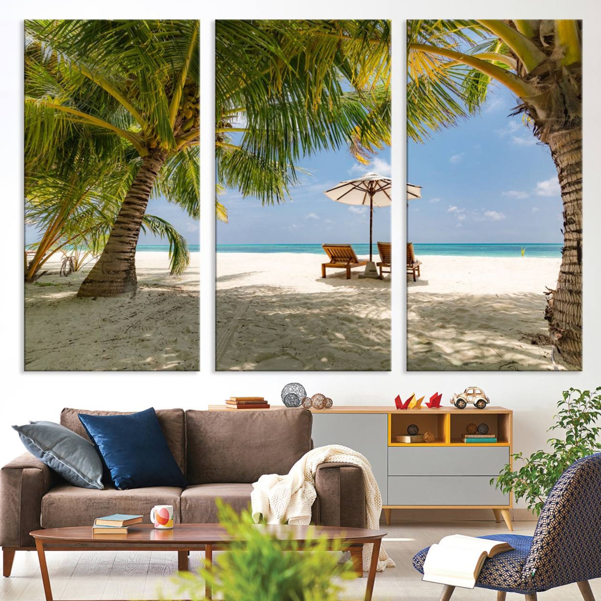 83601-MGV-CV-36X24-Lounge Chairs Palm Trees on Tropical Beach Canvas Wall Art Print