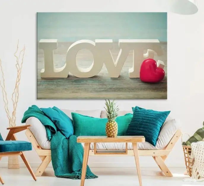 The Love Wall Art Canvas Print features the word "LOVE" in white block letters next to a vibrant red heart, enhanced with a UV-protective coating for durability. This piece adds enduring elegance and is crafted from museum-quality canvas, available with free shipping.