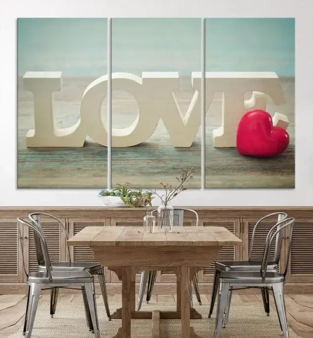 The Love Wall Art Canvas Print features the word "LOVE" in white block letters next to a vibrant red heart, enhanced with a UV-protective coating for durability. This piece adds enduring elegance and is crafted from museum-quality canvas, available with free shipping.