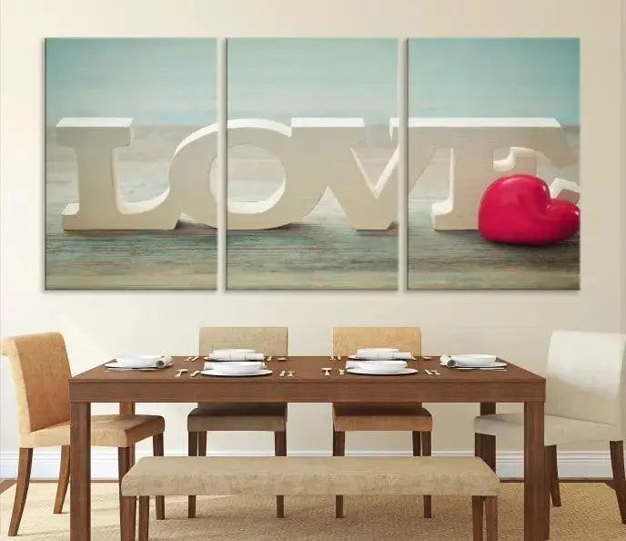 The Love Wall Art Canvas Print features the word "LOVE" in white block letters next to a vibrant red heart, enhanced with a UV-protective coating for durability. This piece adds enduring elegance and is crafted from museum-quality canvas, available with free shipping.