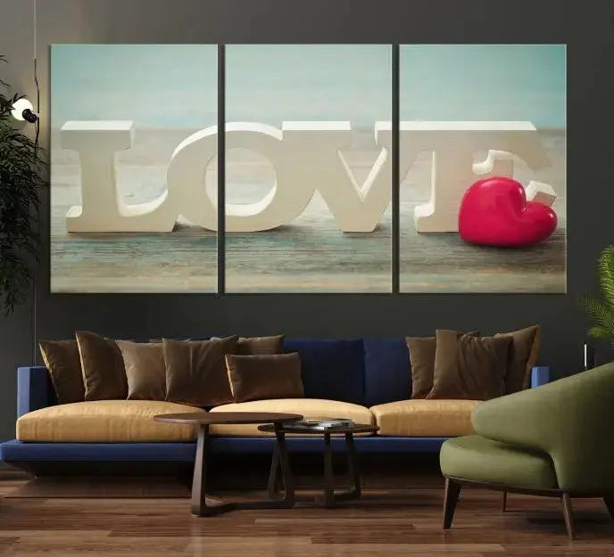 The Love Wall Art Canvas Print features the word "LOVE" in white block letters next to a vibrant red heart, enhanced with a UV-protective coating for durability. This piece adds enduring elegance and is crafted from museum-quality canvas, available with free shipping.