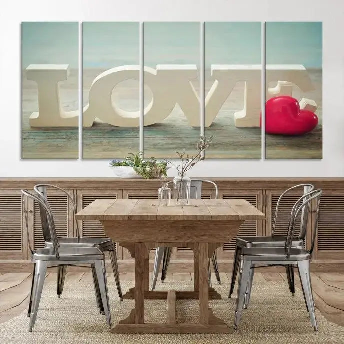 The Love Wall Art Canvas Print features the word "LOVE" in white block letters next to a vibrant red heart, enhanced with a UV-protective coating for durability. This piece adds enduring elegance and is crafted from museum-quality canvas, available with free shipping.