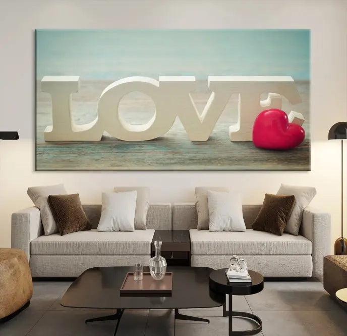 The Love Wall Art Canvas Print features the word "LOVE" in white block letters next to a vibrant red heart, enhanced with a UV-protective coating for durability. This piece adds enduring elegance and is crafted from museum-quality canvas, available with free shipping.