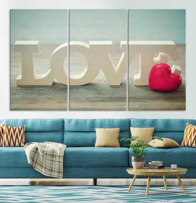 The Love Wall Art Canvas Print features the word "LOVE" in white block letters next to a vibrant red heart, enhanced with a UV-protective coating for durability. This piece adds enduring elegance and is crafted from museum-quality canvas, available with free shipping.