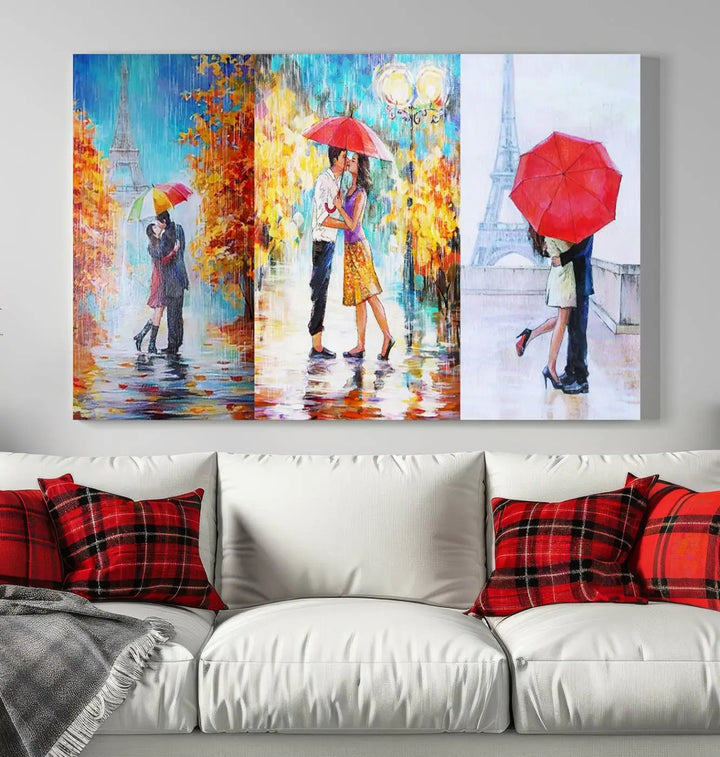 A triptych of the "Love in Paris Wall Art Canvas Print" showcases a couple with an umbrella in romantic settings. This artwork is crafted on museum-quality canvas and features a UV-protective coating for peace of mind. It also comes with the added convenience of free shipping.