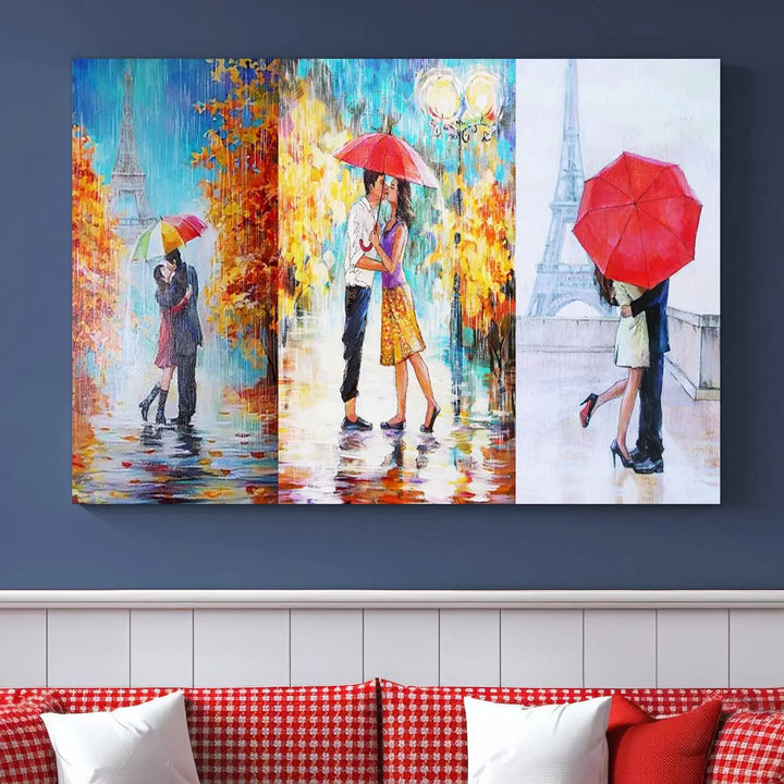 A triptych of the "Love in Paris Wall Art Canvas Print" showcases a couple with an umbrella in romantic settings. This artwork is crafted on museum-quality canvas and features a UV-protective coating for peace of mind. It also comes with the added convenience of free shipping.