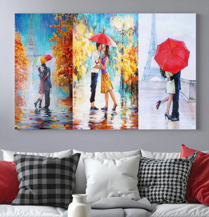 A triptych of the "Love in Paris Wall Art Canvas Print" showcases a couple with an umbrella in romantic settings. This artwork is crafted on museum-quality canvas and features a UV-protective coating for peace of mind. It also comes with the added convenience of free shipping.