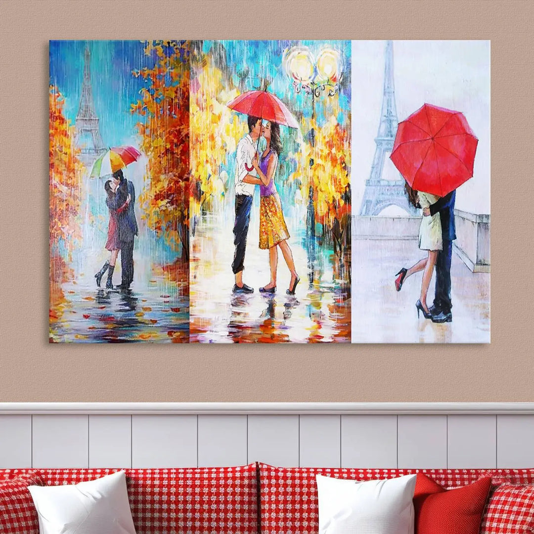 A triptych of the "Love in Paris Wall Art Canvas Print" showcases a couple with an umbrella in romantic settings. This artwork is crafted on museum-quality canvas and features a UV-protective coating for peace of mind. It also comes with the added convenience of free shipping.