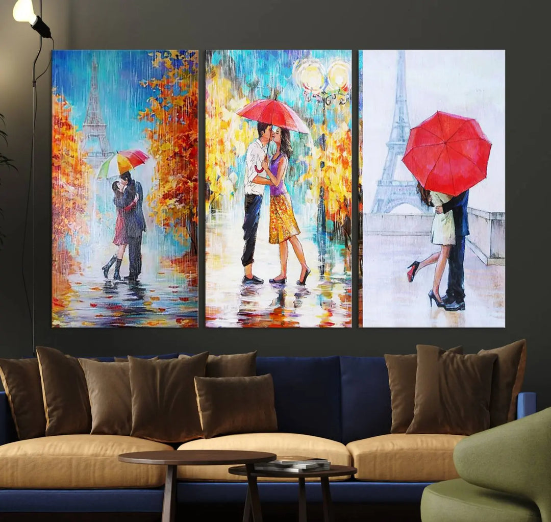 A triptych of the "Love in Paris Wall Art Canvas Print" showcases a couple with an umbrella in romantic settings. This artwork is crafted on museum-quality canvas and features a UV-protective coating for peace of mind. It also comes with the added convenience of free shipping.