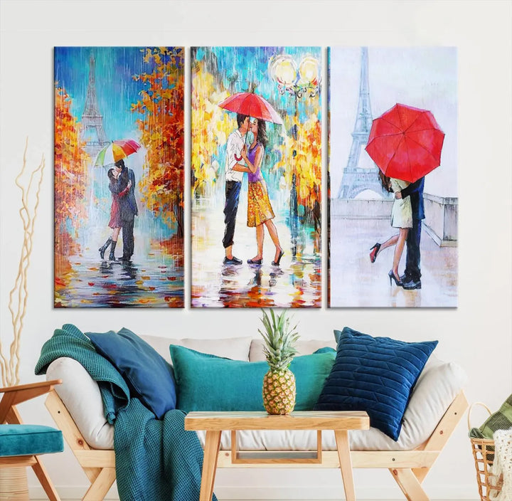 A triptych of the "Love in Paris Wall Art Canvas Print" showcases a couple with an umbrella in romantic settings. This artwork is crafted on museum-quality canvas and features a UV-protective coating for peace of mind. It also comes with the added convenience of free shipping.