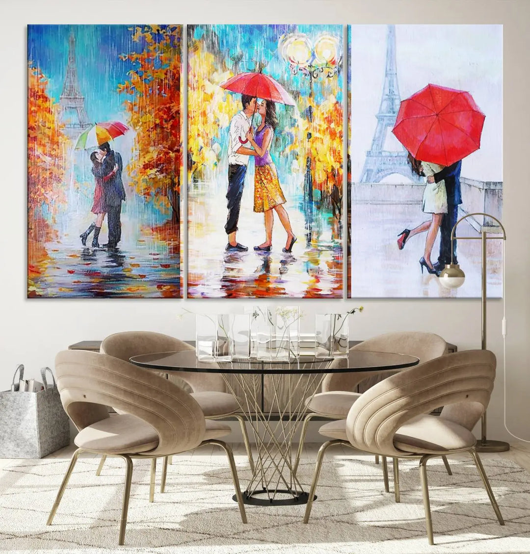 A triptych of the "Love in Paris Wall Art Canvas Print" showcases a couple with an umbrella in romantic settings. This artwork is crafted on museum-quality canvas and features a UV-protective coating for peace of mind. It also comes with the added convenience of free shipping.