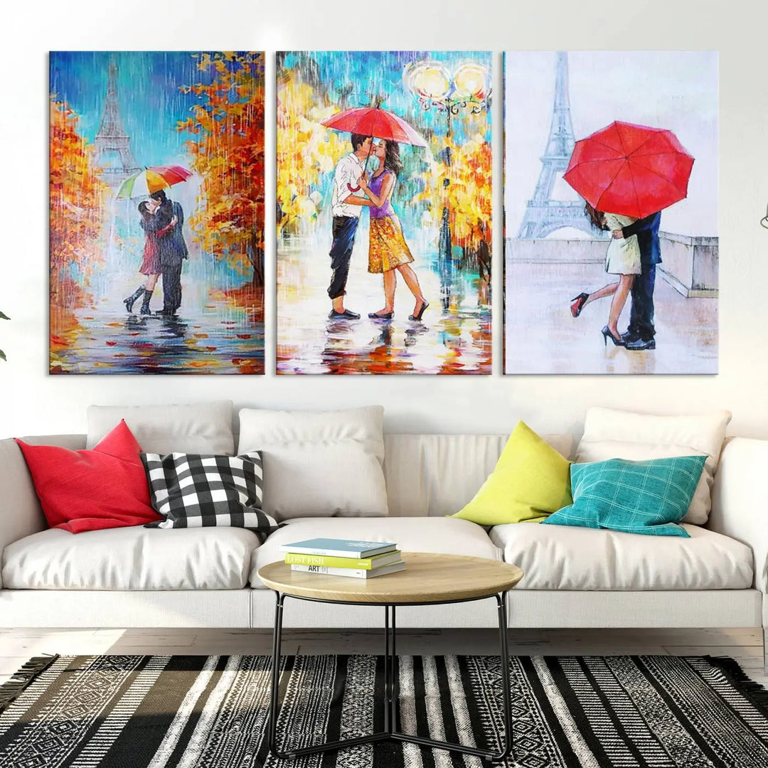 A triptych of the "Love in Paris Wall Art Canvas Print" showcases a couple with an umbrella in romantic settings. This artwork is crafted on museum-quality canvas and features a UV-protective coating for peace of mind. It also comes with the added convenience of free shipping.