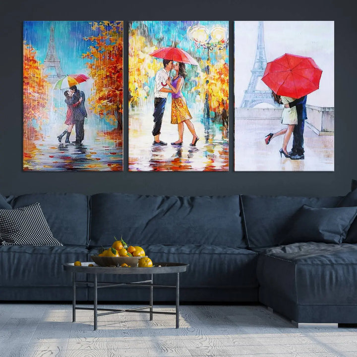 A triptych of the "Love in Paris Wall Art Canvas Print" showcases a couple with an umbrella in romantic settings. This artwork is crafted on museum-quality canvas and features a UV-protective coating for peace of mind. It also comes with the added convenience of free shipping.