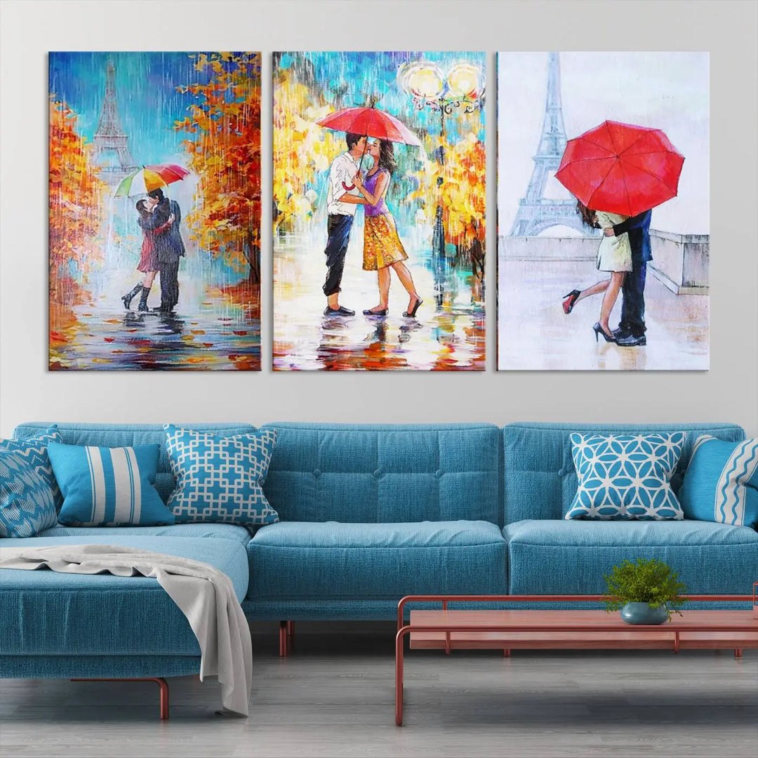 A triptych of the "Love in Paris Wall Art Canvas Print" showcases a couple with an umbrella in romantic settings. This artwork is crafted on museum-quality canvas and features a UV-protective coating for peace of mind. It also comes with the added convenience of free shipping.