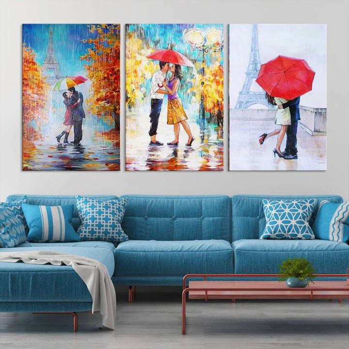 A triptych of the "Love in Paris Wall Art Canvas Print" showcases a couple with an umbrella in romantic settings. This artwork is crafted on museum-quality canvas and features a UV-protective coating for peace of mind. It also comes with the added convenience of free shipping.