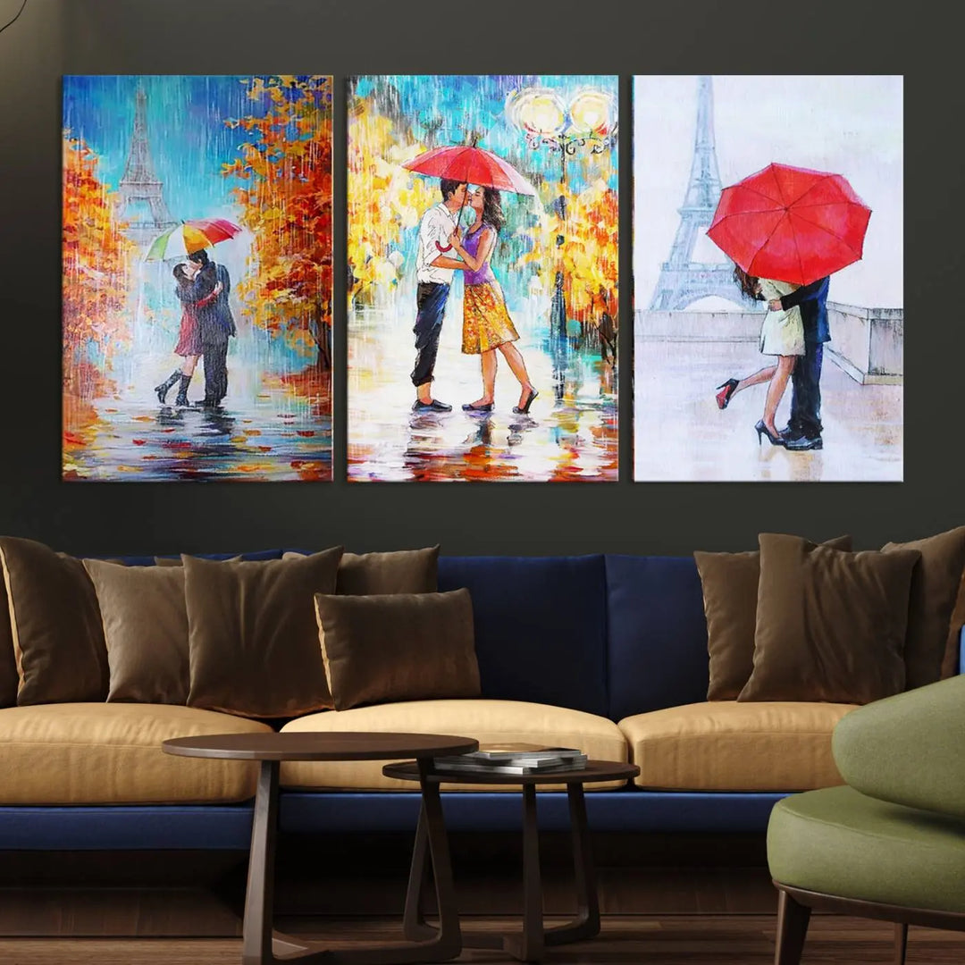 A triptych of the "Love in Paris Wall Art Canvas Print" showcases a couple with an umbrella in romantic settings. This artwork is crafted on museum-quality canvas and features a UV-protective coating for peace of mind. It also comes with the added convenience of free shipping.