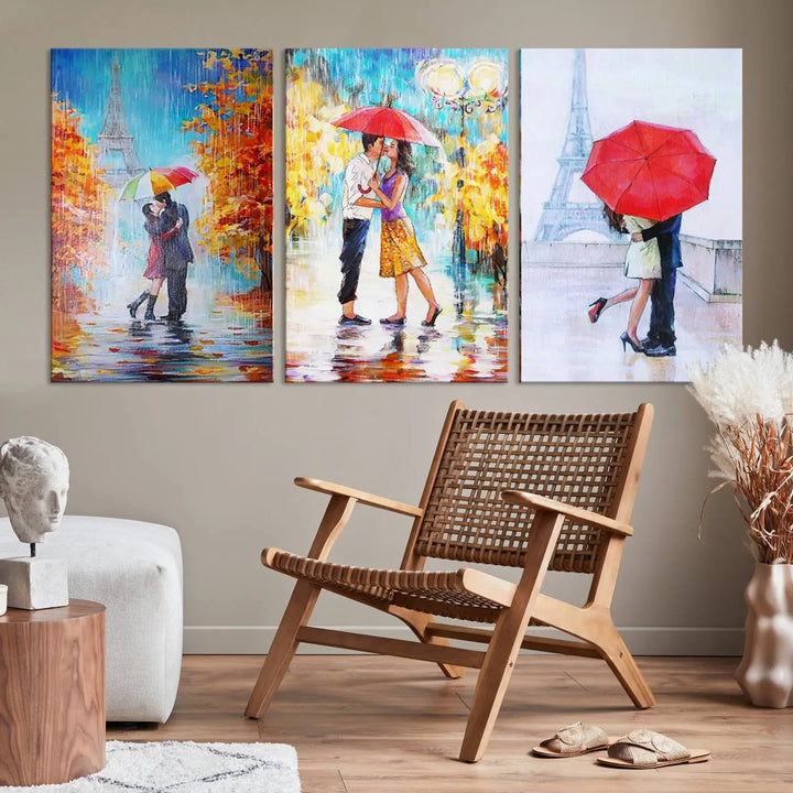 A triptych of the "Love in Paris Wall Art Canvas Print" showcases a couple with an umbrella in romantic settings. This artwork is crafted on museum-quality canvas and features a UV-protective coating for peace of mind. It also comes with the added convenience of free shipping.