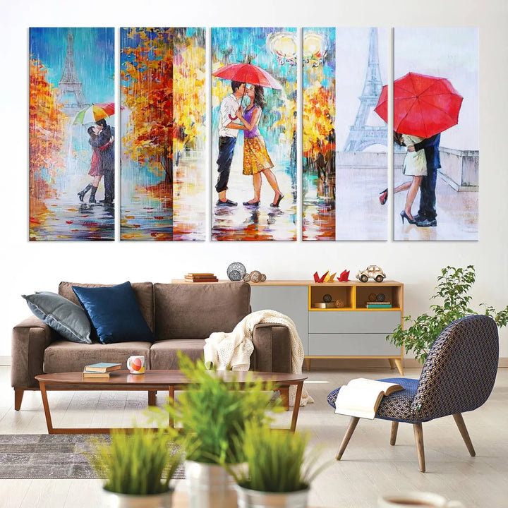 A triptych of the "Love in Paris Wall Art Canvas Print" showcases a couple with an umbrella in romantic settings. This artwork is crafted on museum-quality canvas and features a UV-protective coating for peace of mind. It also comes with the added convenience of free shipping.