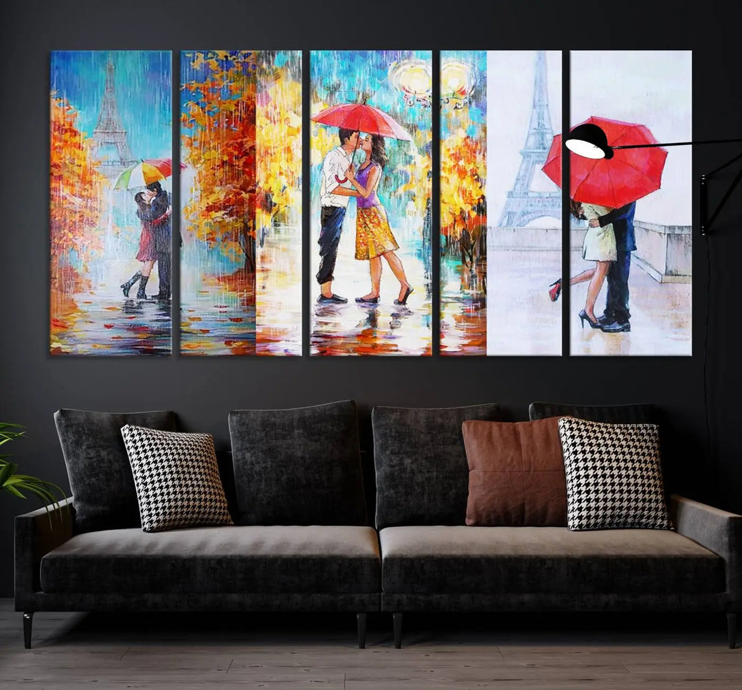 A triptych of the "Love in Paris Wall Art Canvas Print" showcases a couple with an umbrella in romantic settings. This artwork is crafted on museum-quality canvas and features a UV-protective coating for peace of mind. It also comes with the added convenience of free shipping.