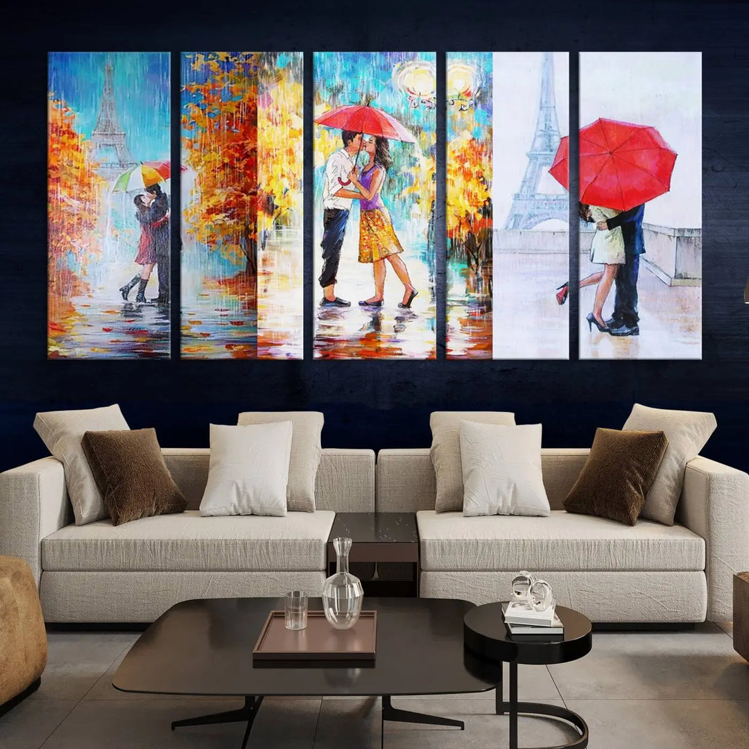 A triptych of the "Love in Paris Wall Art Canvas Print" showcases a couple with an umbrella in romantic settings. This artwork is crafted on museum-quality canvas and features a UV-protective coating for peace of mind. It also comes with the added convenience of free shipping.