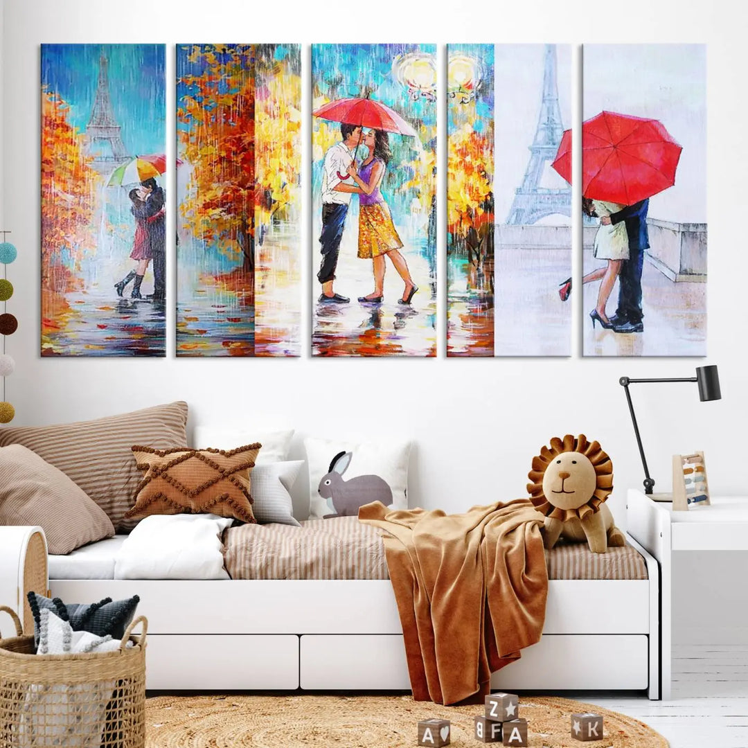 A triptych of the "Love in Paris Wall Art Canvas Print" showcases a couple with an umbrella in romantic settings. This artwork is crafted on museum-quality canvas and features a UV-protective coating for peace of mind. It also comes with the added convenience of free shipping.