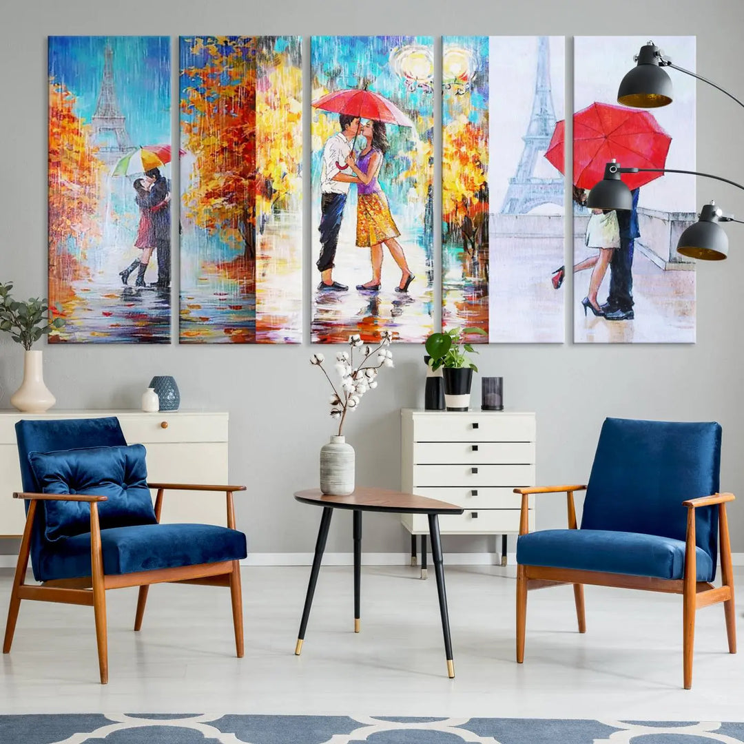 A triptych of the "Love in Paris Wall Art Canvas Print" showcases a couple with an umbrella in romantic settings. This artwork is crafted on museum-quality canvas and features a UV-protective coating for peace of mind. It also comes with the added convenience of free shipping.