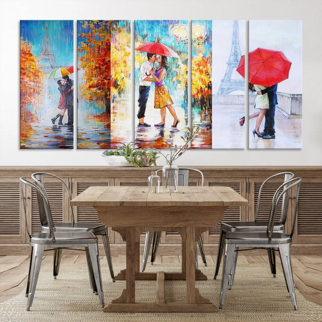 A triptych of the "Love in Paris Wall Art Canvas Print" showcases a couple with an umbrella in romantic settings. This artwork is crafted on museum-quality canvas and features a UV-protective coating for peace of mind. It also comes with the added convenience of free shipping.