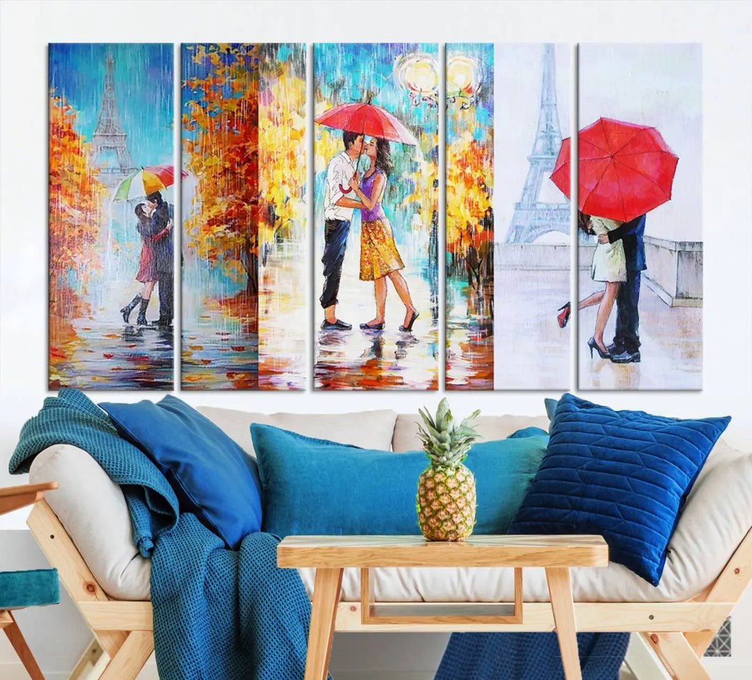 A triptych of the "Love in Paris Wall Art Canvas Print" showcases a couple with an umbrella in romantic settings. This artwork is crafted on museum-quality canvas and features a UV-protective coating for peace of mind. It also comes with the added convenience of free shipping.