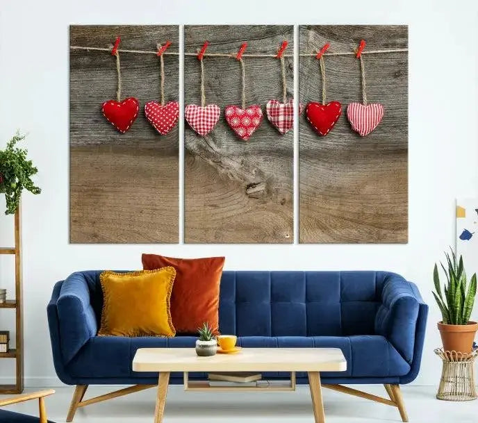 The "Love on the Wood Wall Art Canvas Print" enhances the modern living room with its hanging heart designs. The museum-quality canvases feature a UV-protective coating, ensuring their beauty lasts over time.