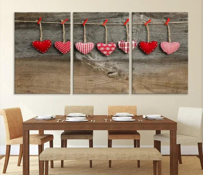 The "Love on the Wood Wall Art Canvas Print" enhances the modern living room with its hanging heart designs. The museum-quality canvases feature a UV-protective coating, ensuring their beauty lasts over time.