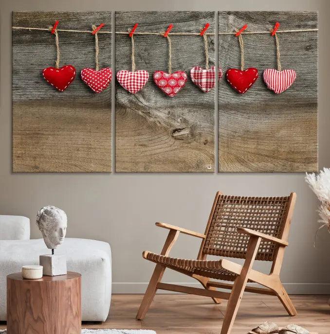 The "Love on the Wood Wall Art Canvas Print" enhances the modern living room with its hanging heart designs. The museum-quality canvases feature a UV-protective coating, ensuring their beauty lasts over time.