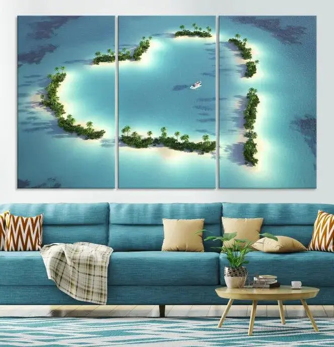 The breathtaking "Lovers' Heart-Shaped Island Ocean Beach Wall Art Canvas Print," showcasing a boat at the center of a heart-shaped island, is created on gallery-wrapped, museum-quality canvas, promising enduring beauty and durability.