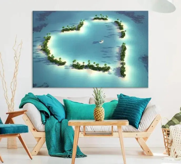 The breathtaking "Lovers' Heart-Shaped Island Ocean Beach Wall Art Canvas Print," showcasing a boat at the center of a heart-shaped island, is created on gallery-wrapped, museum-quality canvas, promising enduring beauty and durability.