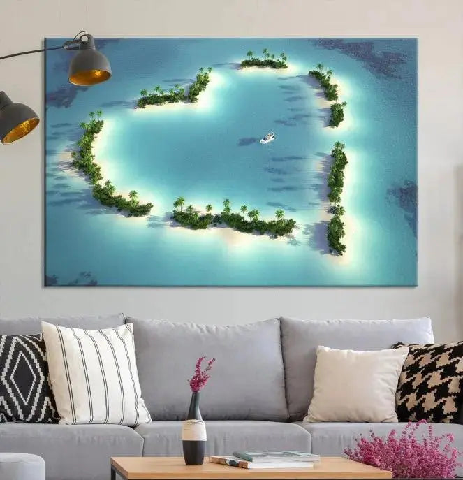 The breathtaking "Lovers' Heart-Shaped Island Ocean Beach Wall Art Canvas Print," showcasing a boat at the center of a heart-shaped island, is created on gallery-wrapped, museum-quality canvas, promising enduring beauty and durability.