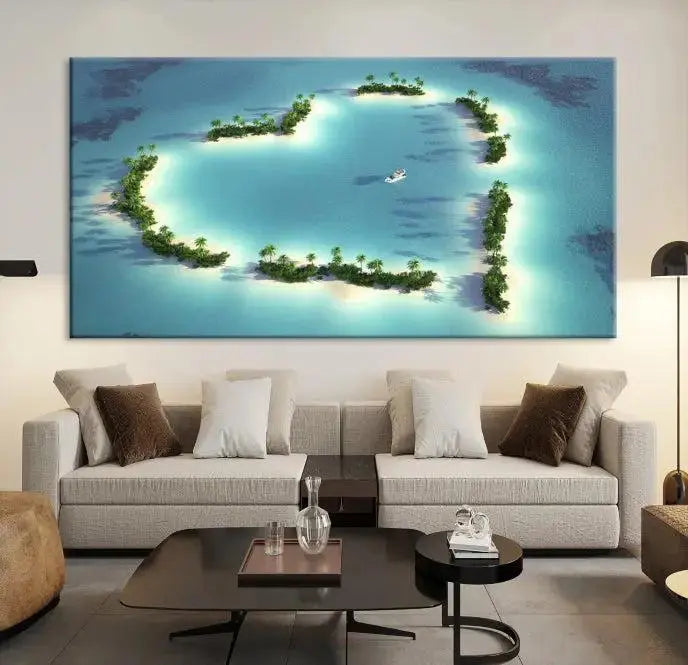 The breathtaking "Lovers' Heart-Shaped Island Ocean Beach Wall Art Canvas Print," showcasing a boat at the center of a heart-shaped island, is created on gallery-wrapped, museum-quality canvas, promising enduring beauty and durability.