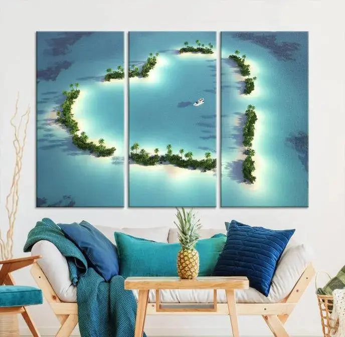 The breathtaking "Lovers' Heart-Shaped Island Ocean Beach Wall Art Canvas Print," showcasing a boat at the center of a heart-shaped island, is created on gallery-wrapped, museum-quality canvas, promising enduring beauty and durability.