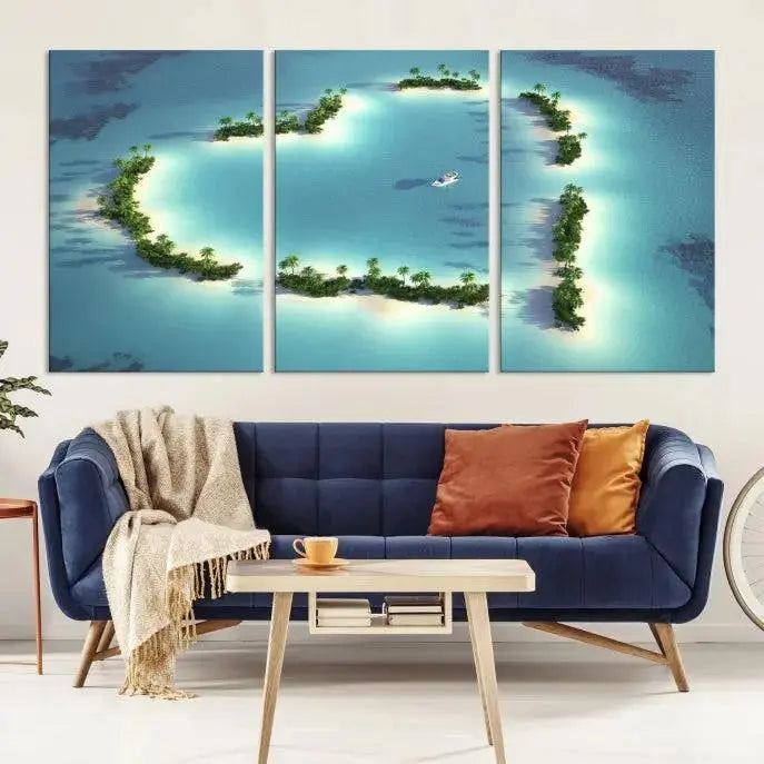 The breathtaking "Lovers' Heart-Shaped Island Ocean Beach Wall Art Canvas Print," showcasing a boat at the center of a heart-shaped island, is created on gallery-wrapped, museum-quality canvas, promising enduring beauty and durability.