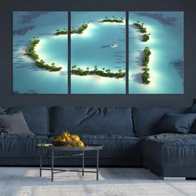 The breathtaking "Lovers' Heart-Shaped Island Ocean Beach Wall Art Canvas Print," showcasing a boat at the center of a heart-shaped island, is created on gallery-wrapped, museum-quality canvas, promising enduring beauty and durability.