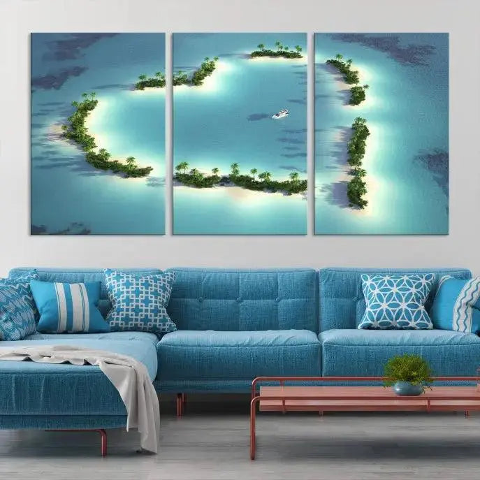 The breathtaking "Lovers' Heart-Shaped Island Ocean Beach Wall Art Canvas Print," showcasing a boat at the center of a heart-shaped island, is created on gallery-wrapped, museum-quality canvas, promising enduring beauty and durability.