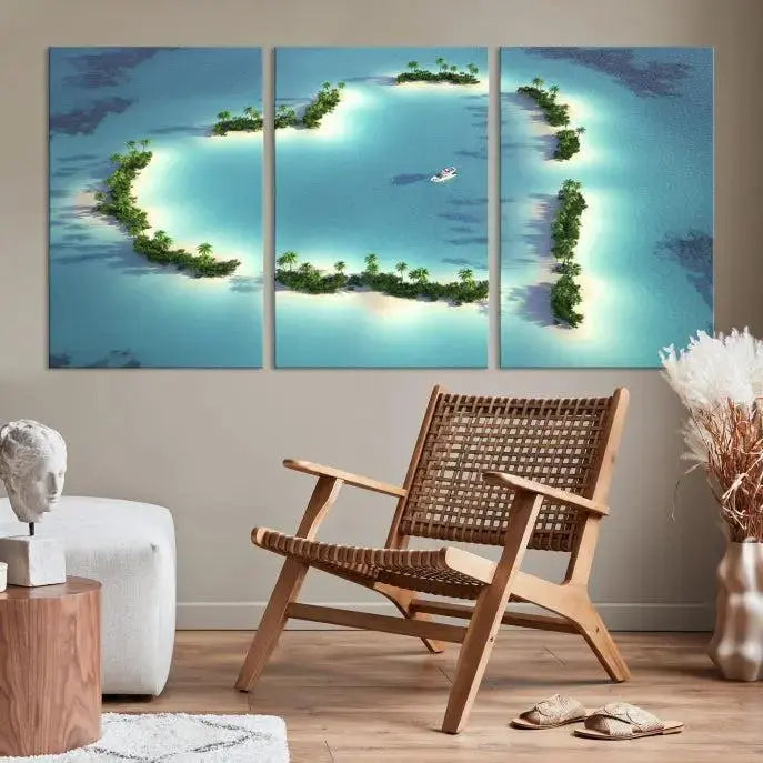 The breathtaking "Lovers' Heart-Shaped Island Ocean Beach Wall Art Canvas Print," showcasing a boat at the center of a heart-shaped island, is created on gallery-wrapped, museum-quality canvas, promising enduring beauty and durability.