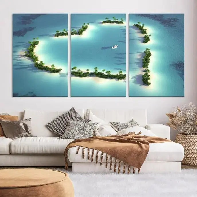 The breathtaking "Lovers' Heart-Shaped Island Ocean Beach Wall Art Canvas Print," showcasing a boat at the center of a heart-shaped island, is created on gallery-wrapped, museum-quality canvas, promising enduring beauty and durability.