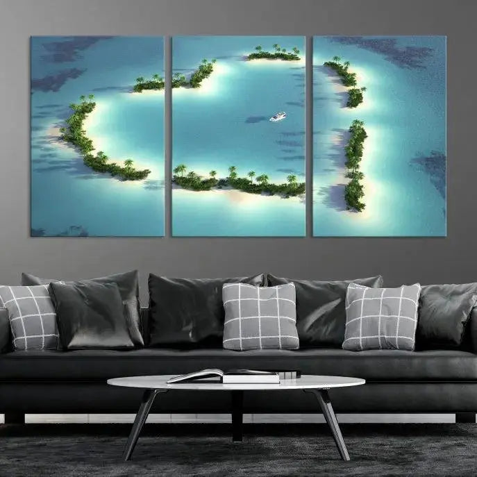 The breathtaking "Lovers' Heart-Shaped Island Ocean Beach Wall Art Canvas Print," showcasing a boat at the center of a heart-shaped island, is created on gallery-wrapped, museum-quality canvas, promising enduring beauty and durability.