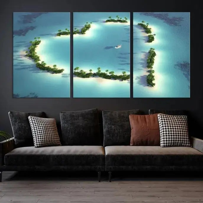 The breathtaking "Lovers' Heart-Shaped Island Ocean Beach Wall Art Canvas Print," showcasing a boat at the center of a heart-shaped island, is created on gallery-wrapped, museum-quality canvas, promising enduring beauty and durability.