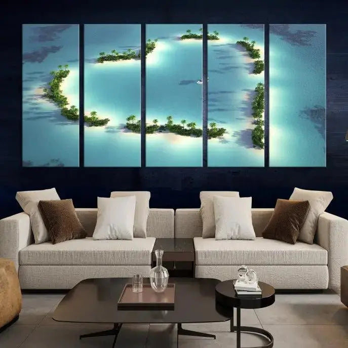 The breathtaking "Lovers' Heart-Shaped Island Ocean Beach Wall Art Canvas Print," showcasing a boat at the center of a heart-shaped island, is created on gallery-wrapped, museum-quality canvas, promising enduring beauty and durability.