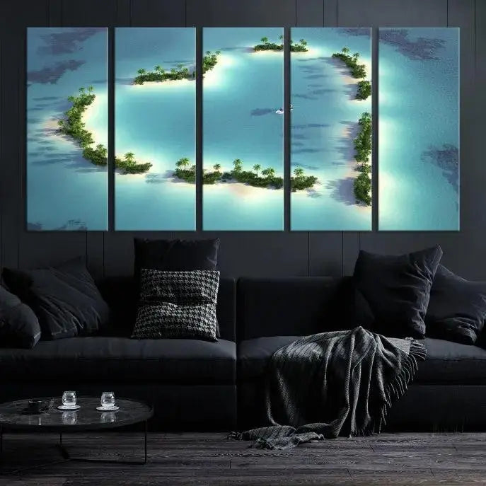 The breathtaking "Lovers' Heart-Shaped Island Ocean Beach Wall Art Canvas Print," showcasing a boat at the center of a heart-shaped island, is created on gallery-wrapped, museum-quality canvas, promising enduring beauty and durability.