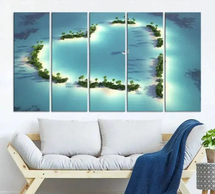 The breathtaking "Lovers' Heart-Shaped Island Ocean Beach Wall Art Canvas Print," showcasing a boat at the center of a heart-shaped island, is created on gallery-wrapped, museum-quality canvas, promising enduring beauty and durability.