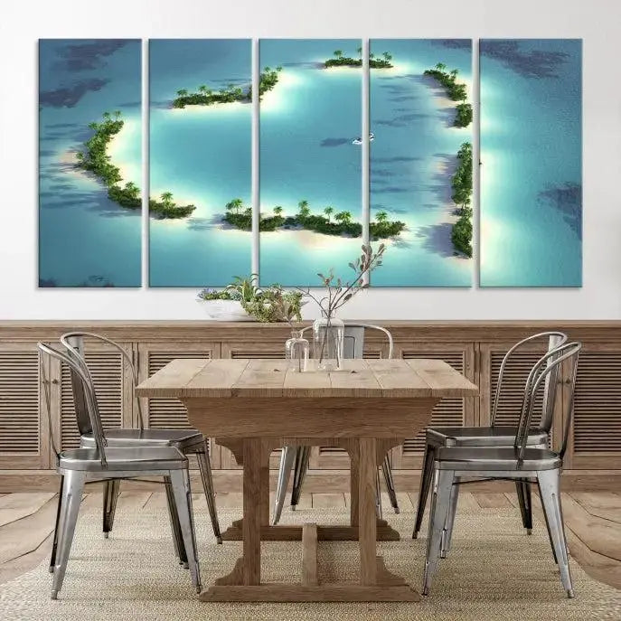 The breathtaking "Lovers' Heart-Shaped Island Ocean Beach Wall Art Canvas Print," showcasing a boat at the center of a heart-shaped island, is created on gallery-wrapped, museum-quality canvas, promising enduring beauty and durability.