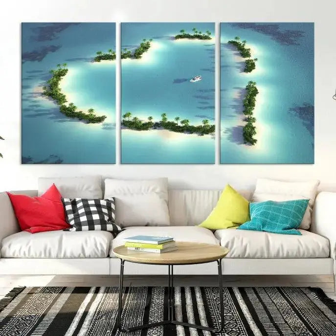 The breathtaking "Lovers' Heart-Shaped Island Ocean Beach Wall Art Canvas Print," showcasing a boat at the center of a heart-shaped island, is created on gallery-wrapped, museum-quality canvas, promising enduring beauty and durability.